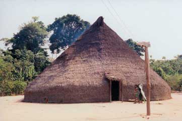 Traditional Marubo dwelling called shovo in Marubo, or maloca in Portuguese, made of wood tied with lianas, and palm thatch roof