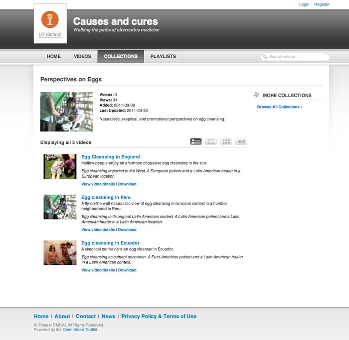 Image of a page accessed through the Collections tab. This collection is entitled Perspectives on eggs and presents naturalistic, skeptical, and promotional perspectives on the alternative therapy called egg cleansing.